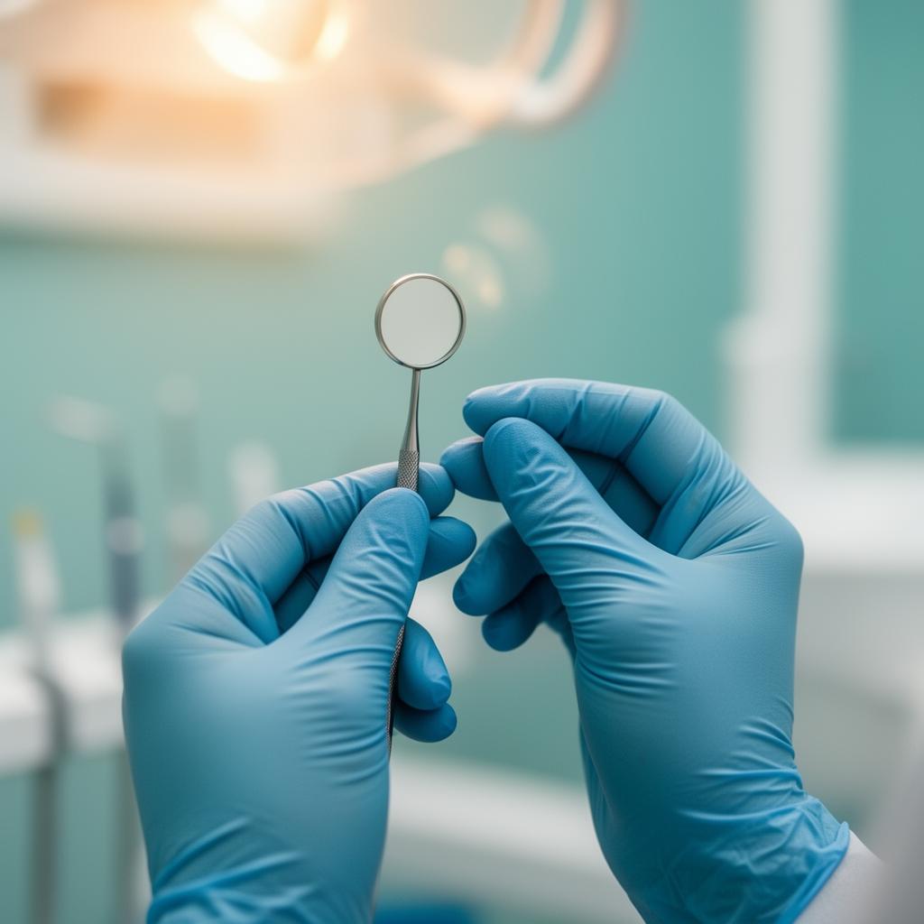 Gloved hands holding a dental mirror — gentle, careful sedation dentistry